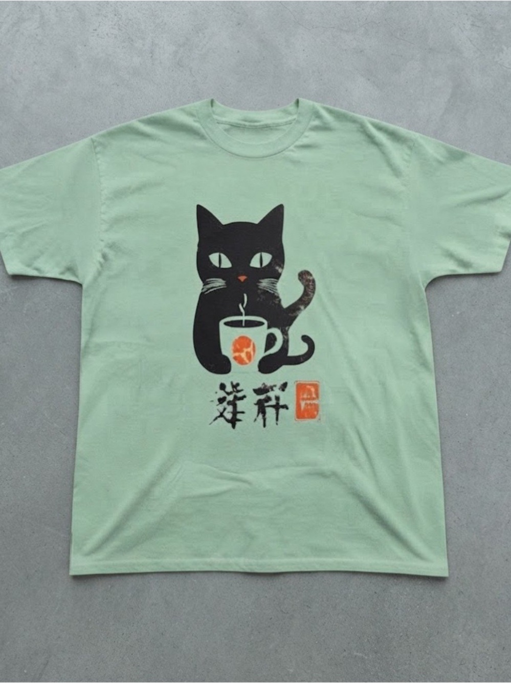Black Cat Coffee Mug Japanese Mint Green Gildan T-Shirt